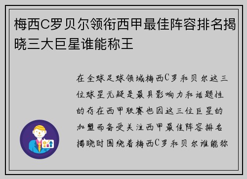 梅西C罗贝尔领衔西甲最佳阵容排名揭晓三大巨星谁能称王
